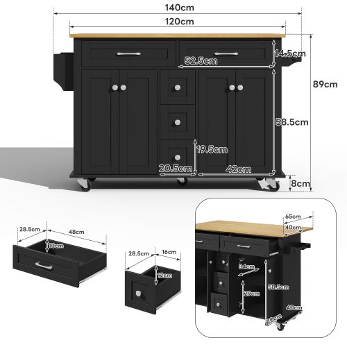 Desserte De Cuisine à 5 Roulettes Avec Plateau Extensible, En Mdf, Noir Et Naturel