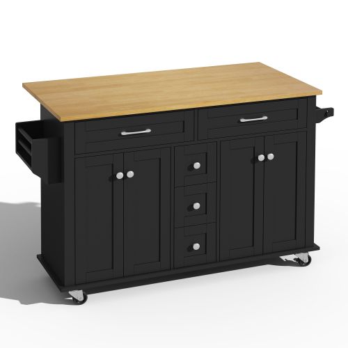Desserte De Cuisine à 5 Roulettes Avec Plateau Extensible, En Mdf, Noir Et Naturel