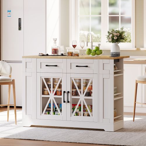 Desserte De Cuisine à 4 Roulettes Avec Plateau Rabattable, En Mdf, Blanc Et Naturel