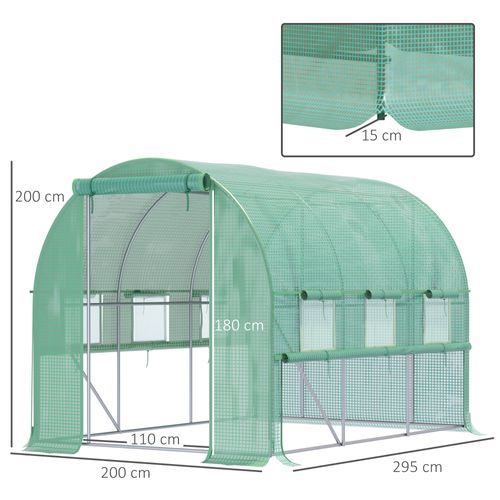Serre Tunnel Jardin 295x200x200 Cm Film Pe 140 G/m² Anti-uv, 6 Fenêtres, Structure Acier Vert