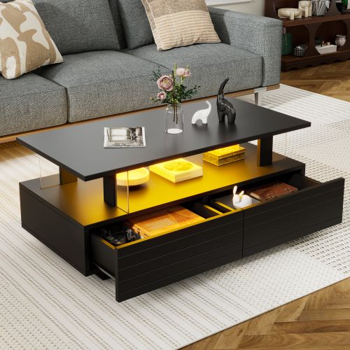Table Basse Rectangulaire Noire Avec Éclairage LED Et Rangement, Panneau En Acrylique