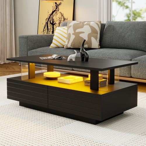 Table Basse Rectangulaire Noire Avec Éclairage LED Et Rangement, Panneau En Acrylique