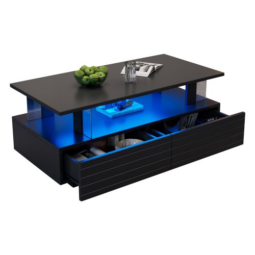 Table Basse Rectangulaire Noire Avec Éclairage LED Et Rangement, Panneau En Acrylique