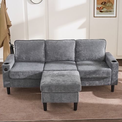 Canapé D'angle Convertible 3 Places Gris En Lin Avec Ports USB Et Porte-gobelets