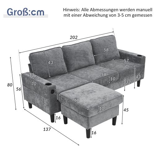 Canapé D'angle Convertible 3 Places Gris En Lin Avec Ports USB Et Porte-gobelets