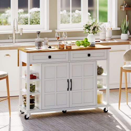 Desserte De Cuisine Extensible Avec Plateau Rabattable, 2 Tiroirs, Roulettes, Blanc Et Naturel