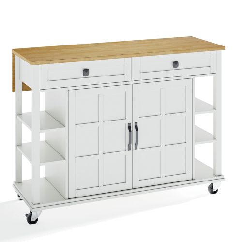 Desserte De Cuisine Extensible Avec Plateau Rabattable, 2 Tiroirs, Roulettes, Blanc Et Naturel