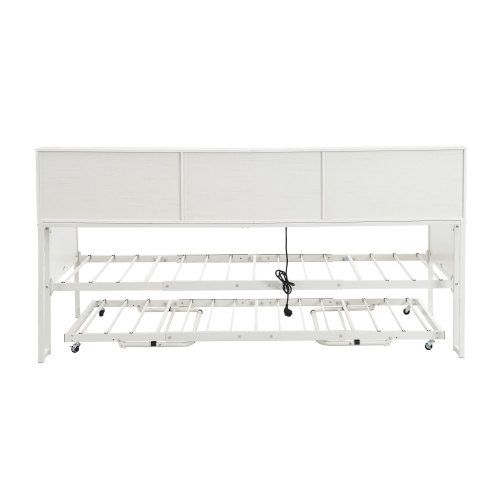 Lit Gigogne 90x200 Cm Avec Rangements Et Prises, En Métal, Blanc