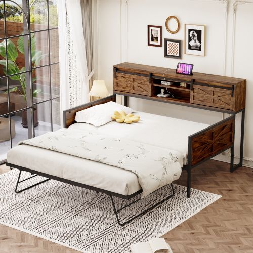 Lit Enfant 90x200 Cm Avec Lit Gigogne 90x190 Cm, Avec Lattes, En Métal, Marron Et Noir