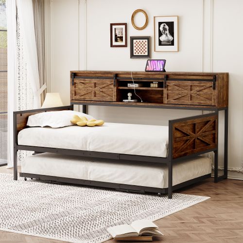 Lit Enfant 90x200 Cm Avec Lit Gigogne 90x190 Cm, Avec Lattes, En Métal, Marron Et Noir