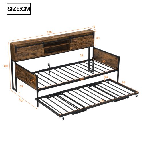 Lit Enfant 90x200 Cm Avec Lit Gigogne 90x190 Cm, Avec Lattes, En Métal, Marron Et Noir