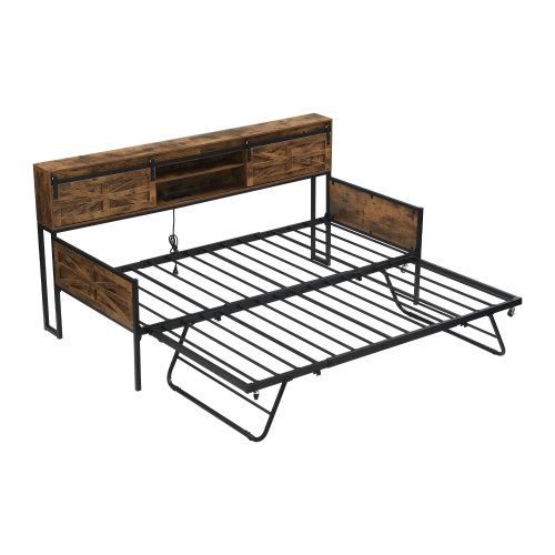 Lit Enfant 90x200 Cm Avec Lit Gigogne 90x190 Cm, Avec Lattes, En Métal, Marron Et Noir