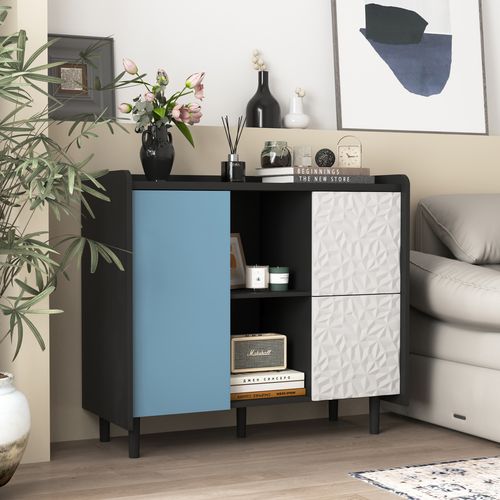 Buffet En MDF 40 X 90 X 80 Cm Avec 2 Tiroirs, Placard Et Rangement Ouvert, Noir Et Bleu