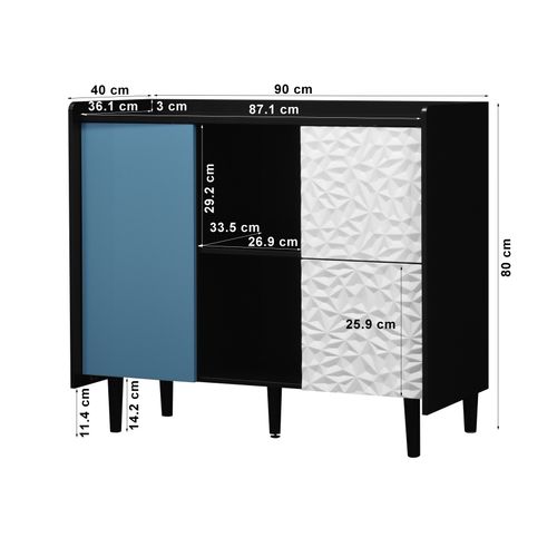Buffet En MDF 40 X 90 X 80 Cm Avec 2 Tiroirs, Placard Et Rangement Ouvert, Noir Et Bleu