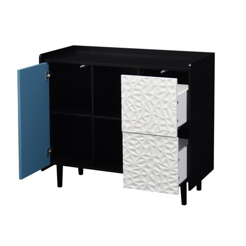Buffet En MDF 40 X 90 X 80 Cm Avec 2 Tiroirs, Placard Et Rangement Ouvert, Noir Et Bleu