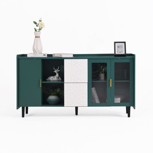 Buffet De Rangement 146 Cm Vert Avec Tiroirs Blancs Et Porte Vitrée