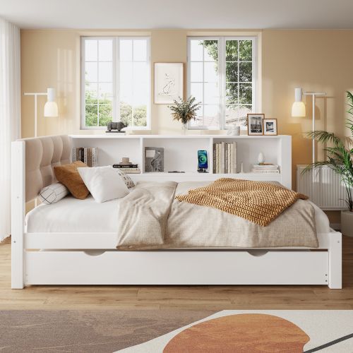 Lit Gigogne 90x200 Cm Avec LED Et Ports USB, Étagères, En Bois, Blanc