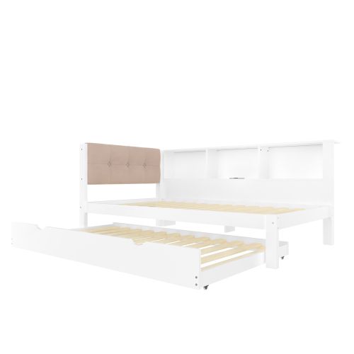 Lit Gigogne 90x200 Cm Avec LED Et Ports USB, Étagères, En Bois, Blanc