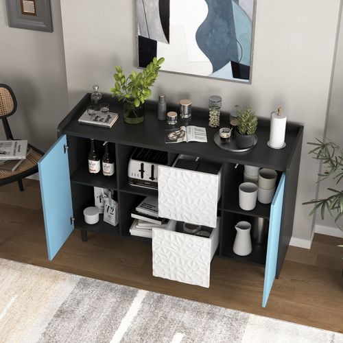 Buffet En MDF 120 X 80 X 40 Cm Avec 2 Tiroirs Et Niches Ouvertes, Noir Et Bleu