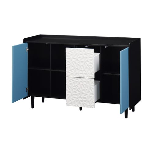 Buffet En MDF 120 X 80 X 40 Cm Avec 2 Tiroirs Et Niches Ouvertes, Noir Et Bleu