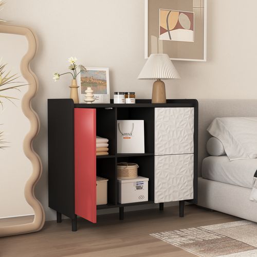 Buffet En MDF 40x90x80 Cm Avec 2 Tiroirs Et Rangements Ouverts, Noir Et Rouge