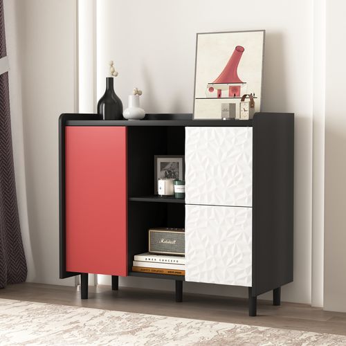 Buffet En MDF 40x90x80 Cm Avec 2 Tiroirs Et Rangements Ouverts, Noir Et Rouge