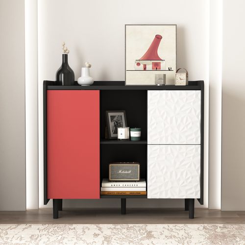 Buffet En MDF 40x90x80 Cm Avec 2 Tiroirs Et Rangements Ouverts, Noir Et Rouge