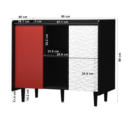 Buffet En MDF 40x90x80 Cm Avec 2 Tiroirs Et Rangements Ouverts, Noir Et Rouge