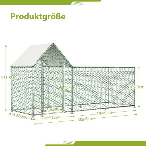 Enclos Poulailler En Métal Galvanisé 3x1x1,5 M Avec Bâche Pe Imperméable Et Serrure, Argent