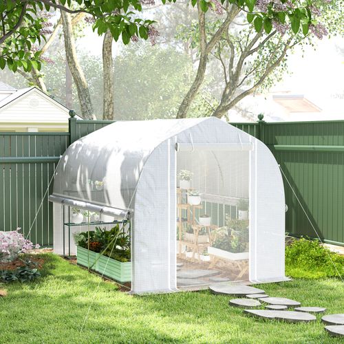 Serre Tunnel 3x2x2 M Pe 140 G/m² Anti-uv, Cadre Acier Galvanisé, Porte Enroulable, 4 Fenêtres, Blanc