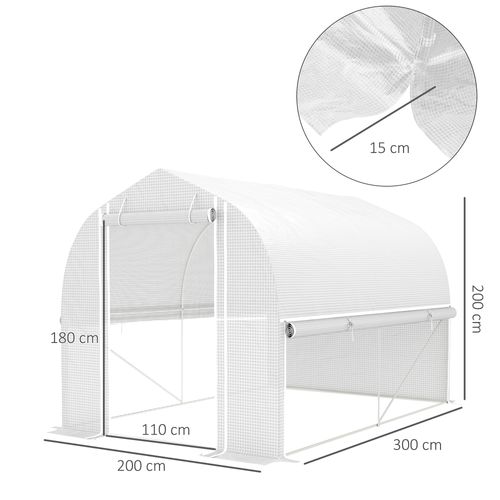 Serre Tunnel 3x2x2 M Pe 140 G/m² Anti-uv, Cadre Acier Galvanisé, Porte Enroulable, 4 Fenêtres, Blanc