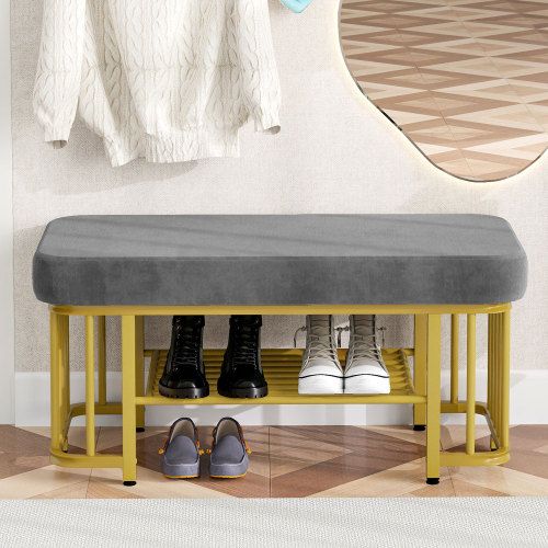 Banc à Chaussures Compact, Assise Velours Rembourrée, Cadre Métal, Réglable, Gris Et Or