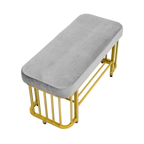 Banc à Chaussures Compact, Assise Velours Rembourrée, Cadre Métal, Réglable, Gris Et Or