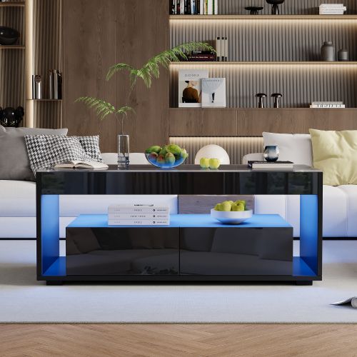 Table Basse Rectangulaire Noire Avec LED 16 Couleurs, 2 Tiroirs Et Rangement
