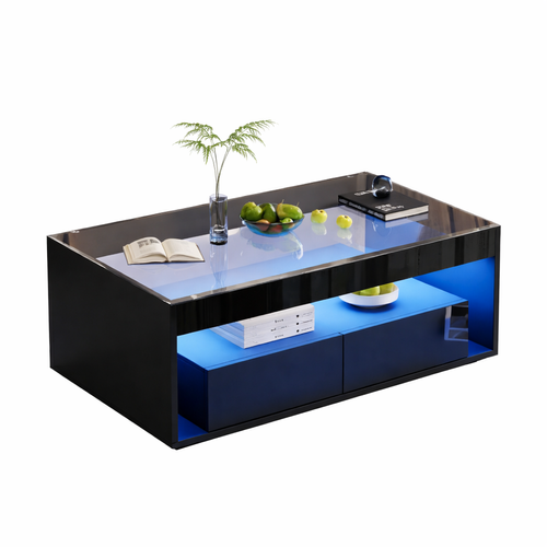 Table Basse Rectangulaire Noire Avec LED 16 Couleurs, 2 Tiroirs Et Rangement