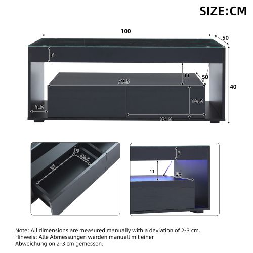 Table Basse Rectangulaire Noire Avec LED 16 Couleurs, 2 Tiroirs Et Rangement