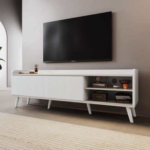 Meuble TV 160 Cm Avec 2 Portes, 2 Tiroirs, Rangement Ouvert, Blanc Et Couleur Bois