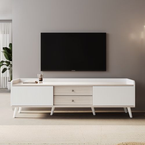 Meuble TV 160 Cm Avec 2 Portes, 2 Tiroirs, Rangement Ouvert, Blanc Et Couleur Bois