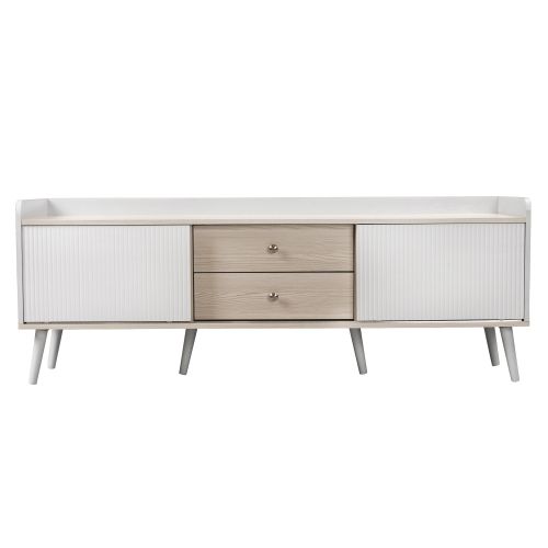 Meuble TV 160 Cm Avec 2 Portes, 2 Tiroirs, Rangement Ouvert, Blanc Et Couleur Bois