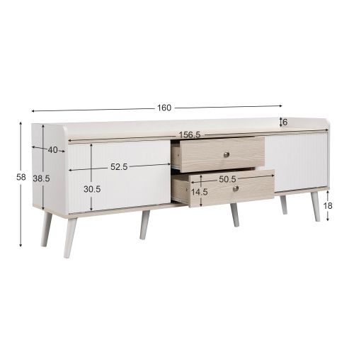 Meuble TV 160 Cm Avec 2 Portes, 2 Tiroirs, Rangement Ouvert, Blanc Et Couleur Bois