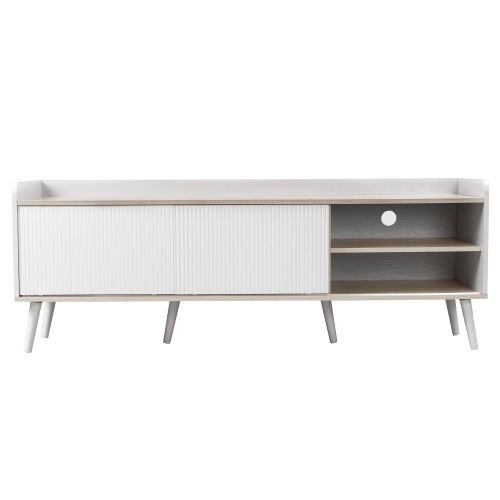 Meuble TV 160 Cm Avec 2 Portes, 2 Tiroirs, Rangement Ouvert, Blanc Et Couleur Bois