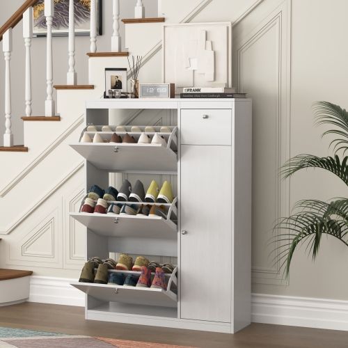 Meuble à Chaussures Étroit Avec Fonction D'inclinaison Et 3 Portes Rabattables, Blanc