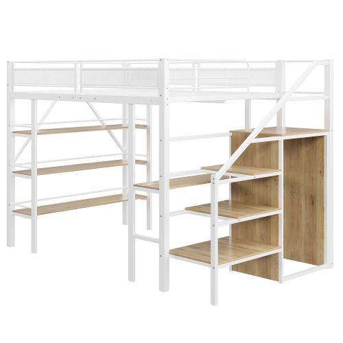 Lit Mezzanine 140x200 Cm, Avec Bureau Et Armoire, En Métal, Blanc