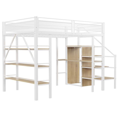 Lit Mezzanine 140x200 Cm, Avec Bureau Et Armoire, En Métal, Blanc