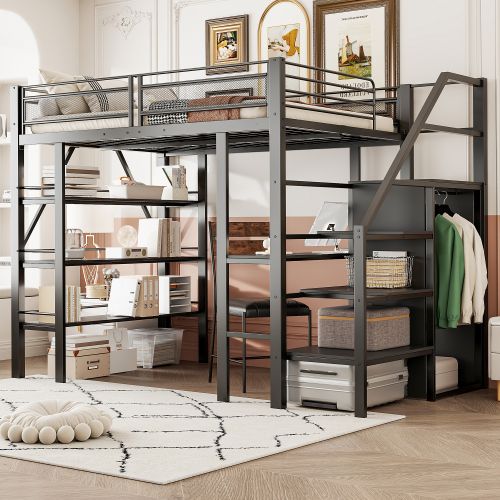 Lit Mezzanine 140x200 Cm, Avec Bureau Et Rangement, Garde-corps Haut, En Métal, Noir