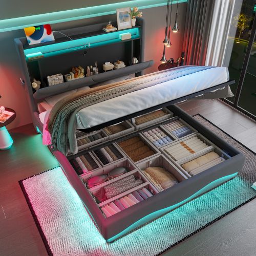 Lit Coffre 160x200 Cm, Tête De Lit Avec Étagère Et LED, Avec Sommier à Lattes, En Velours, Gris