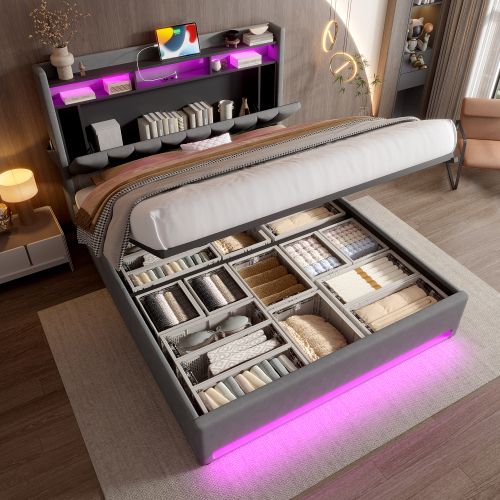 Lit Coffre 160x200 Cm, Tête De Lit De Rangement Et LED, Avec Lattes, En Velours, Gris Foncé