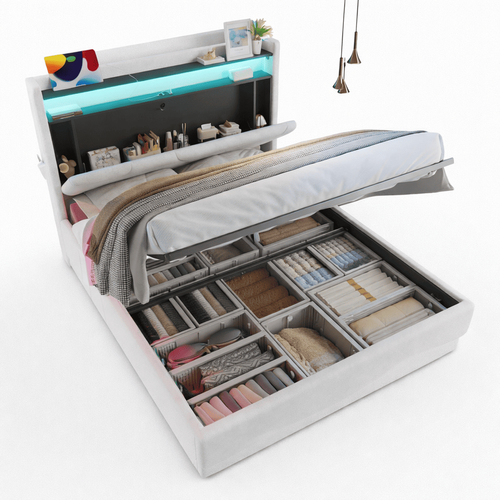 Lit Coffre 160x200 Cm Avec Tête De Lit De Rangement Et LED, Avec Lattes, En Velours Beige