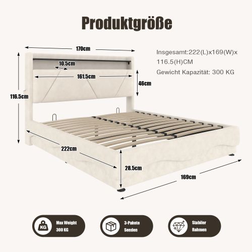 Lit Coffre 160x200 Cm Avec Tête De Lit De Rangement Et LED, Avec Lattes, En Velours Beige