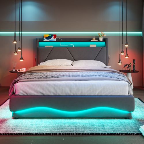 Lit Coffre 140x200 Cm, Cadre De Lit Avec Tête De Lit De Rangement Et LED, En Velours, Gris Foncé